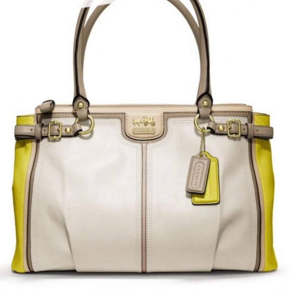 Coach Madison colorblock leather parchment kiwi Kara carryall tote bag